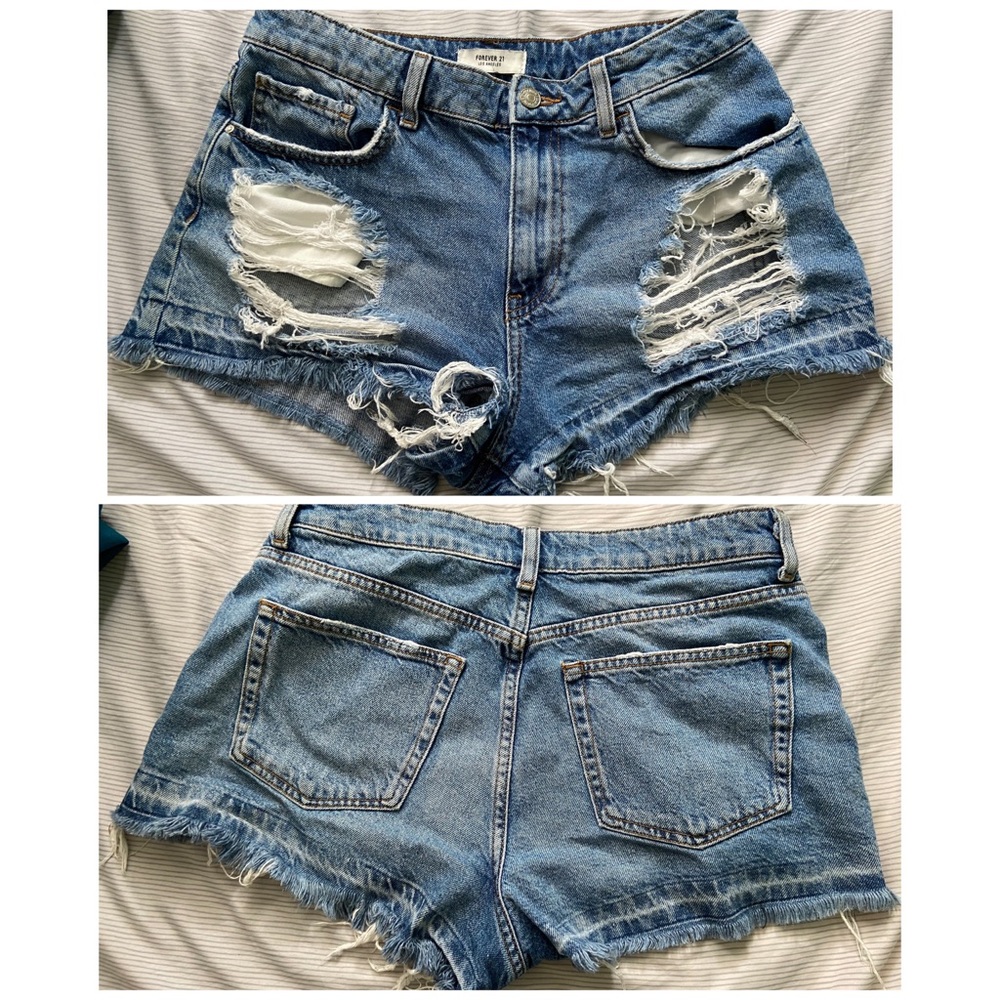 High waisted destroyed style denim shorts